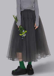 Loose Grey Wrinkled Elastic Waist Tulle Skirt Fall