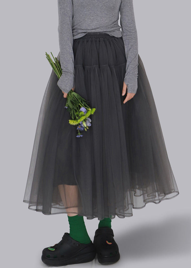 Loose Grey Wrinkled Elastic Waist Tulle Skirt Fall