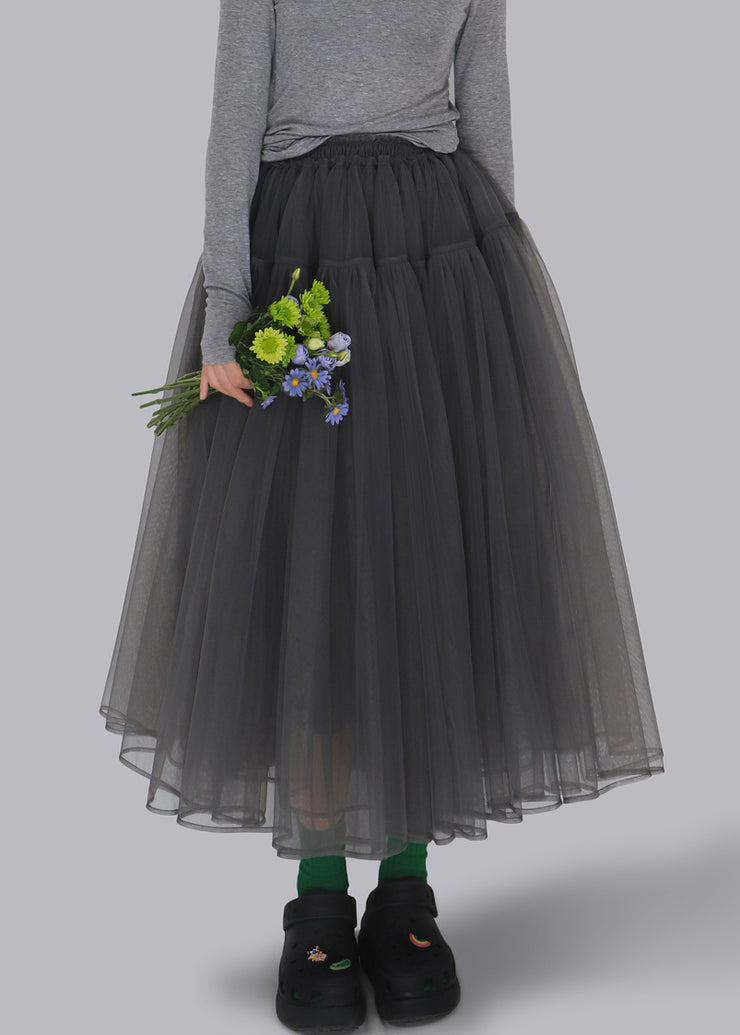 Loose Grey Wrinkled Elastic Waist Tulle Skirt Fall