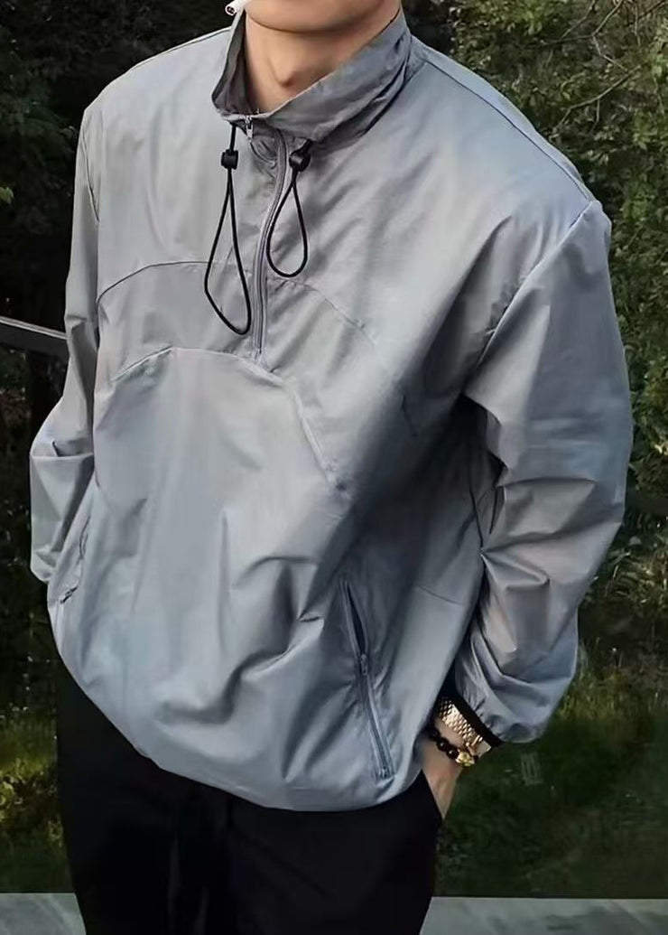 Loose Grey Zip Up Drawstring Ice Silk Men UPF 50+ Coat Summer