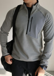 Loose Grey Zip Up Pockets Patchwork Warm Fleece Mens Sweatshirts Winter