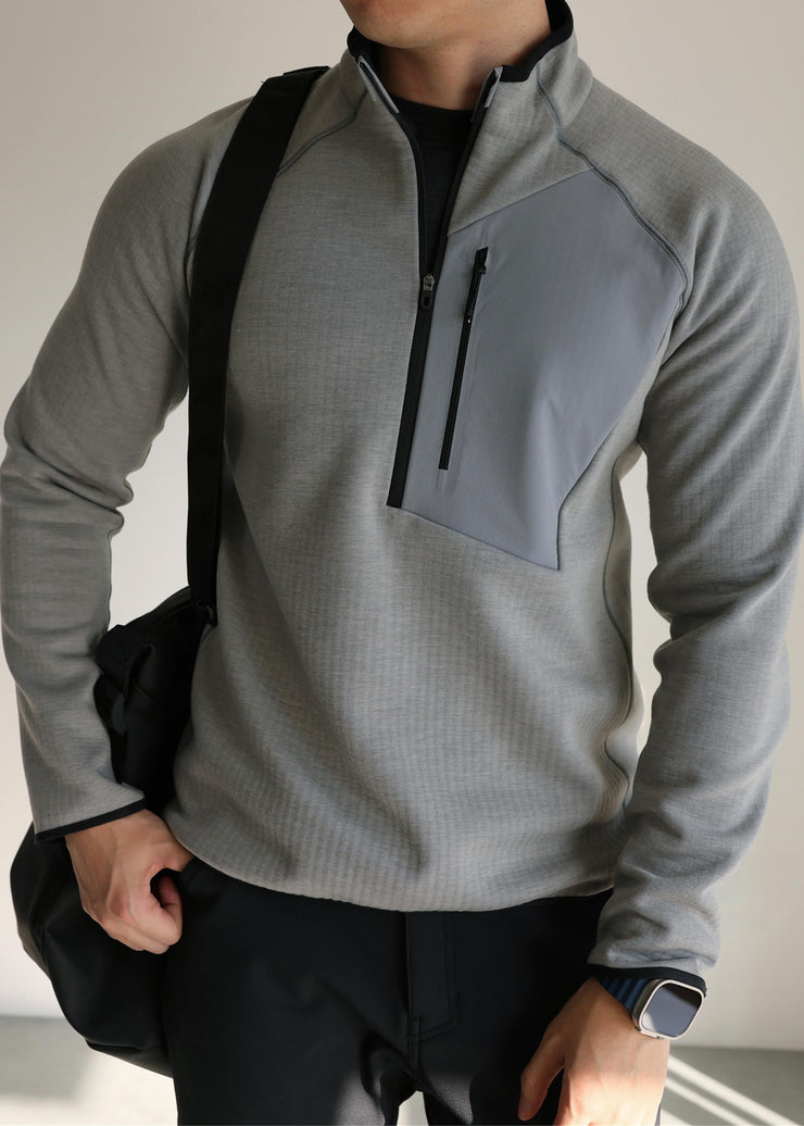 Loose Grey Zip Up Pockets Patchwork Warm Fleece Mens Sweatshirts Winter