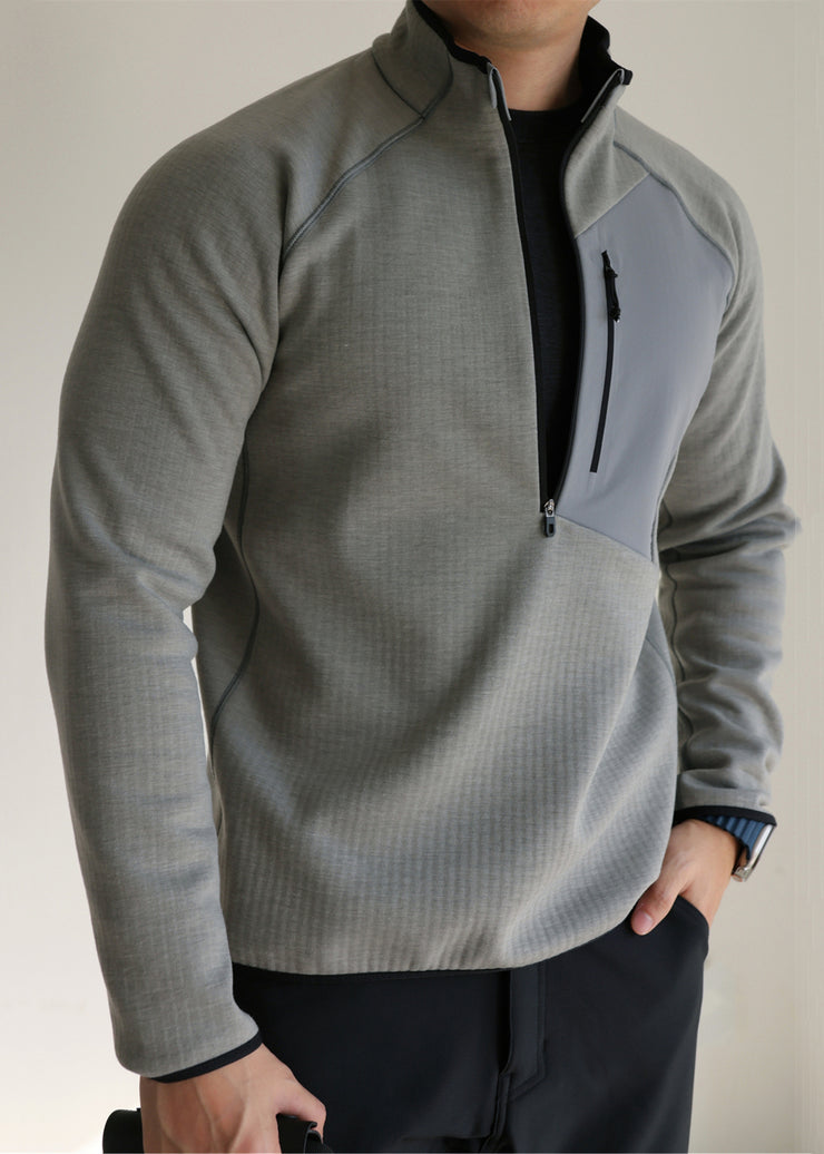 Loose Grey Zip Up Pockets Patchwork Warm Fleece Mens Sweatshirts Winter