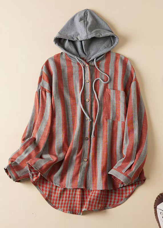 Loose Hooded Striped Pockets Patchwork Cotton Shirts Spring