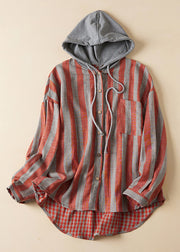 Loose Hooded Striped Pockets Patchwork Cotton Shirts Spring