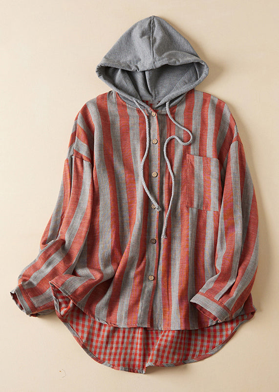 Loose Hooded Striped Pockets Patchwork Cotton Shirts Spring