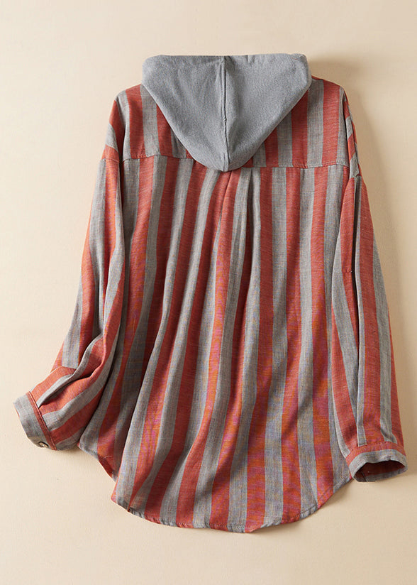 Loose Hooded Striped Pockets Patchwork Cotton Shirts Spring