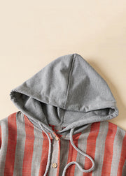 Loose Hooded Striped Pockets Patchwork Cotton Shirts Spring