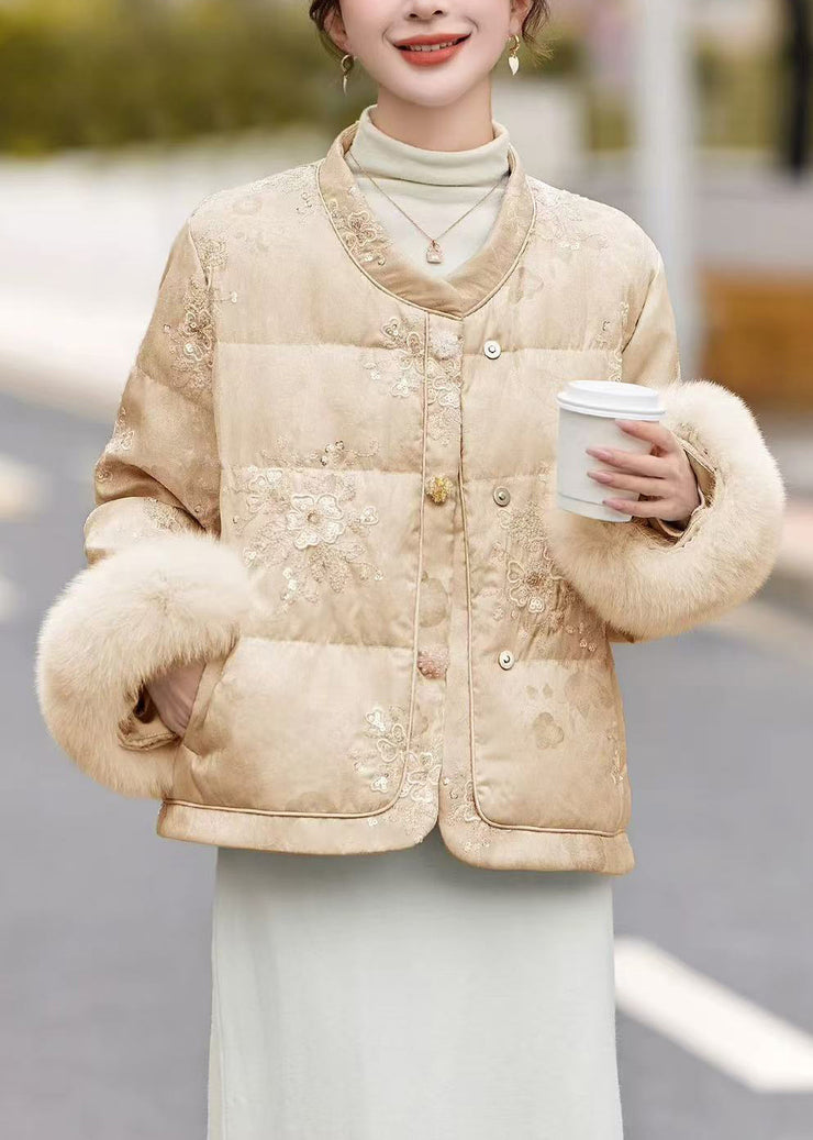 Loose Khaki Embroidered Patchwork Duck Down Down Coats Winter
