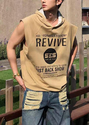 Loose Khaki Hooded Letter Cotton Mens Tanks Sleeveless