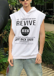 Loose Khaki Hooded Letter Cotton Mens Tanks Sleeveless
