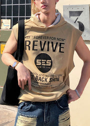 Loose Khaki Hooded Letter Cotton Mens Tanks Sleeveless