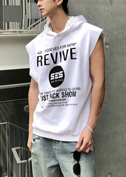 Loose Khaki Hooded Letter Cotton Mens Tanks Sleeveless