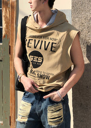 Loose Khaki Hooded Letter Cotton Mens Tanks Sleeveless