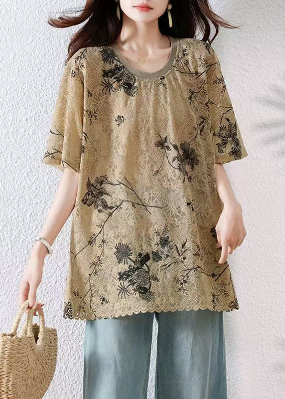 Loose Khaki O Neck Print Lace T Shirt Summer