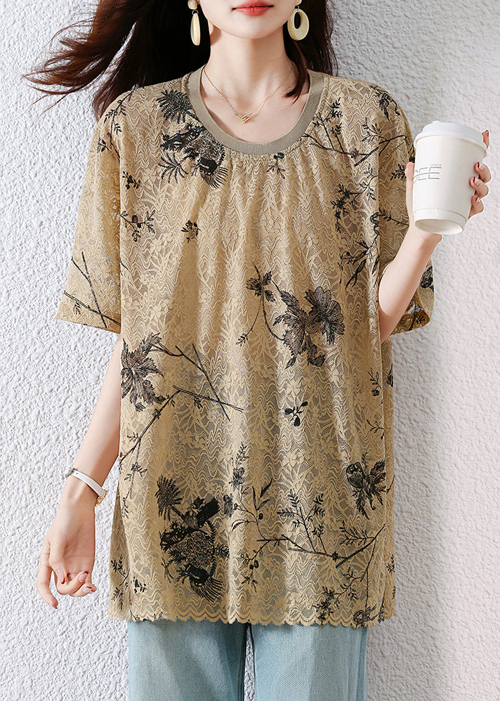Loose Khaki O Neck Print Lace T Shirt Summer