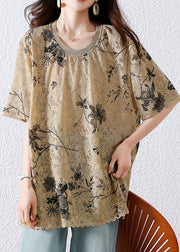 Loose Khaki O Neck Print Lace T Shirt Summer