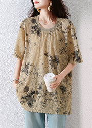 Loose Khaki O Neck Print Lace T Shirt Summer