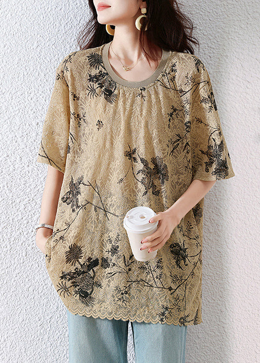 Loose Khaki O Neck Print Lace T Shirt Summer