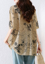 Loose Khaki O Neck Print Lace T Shirt Summer