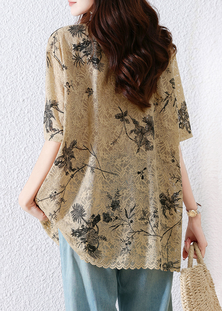 Loose Khaki O Neck Print Lace T Shirt Summer