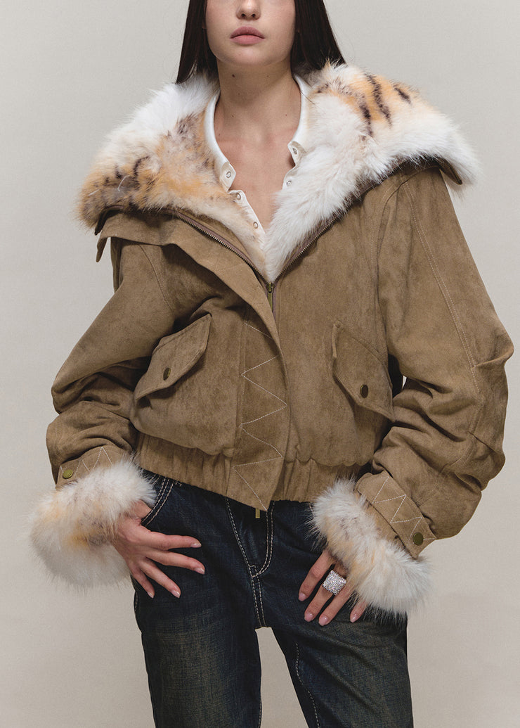 Loose Khaki Peter Pan Collar Pockets Faux Suede Parka Lantern Sleeve