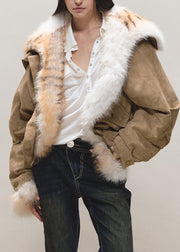 Loose Khaki Peter Pan Collar Pockets Faux Suede Parka Lantern Sleeve