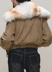 Loose Khaki Peter Pan Collar Pockets Faux Suede Parka Lantern Sleeve