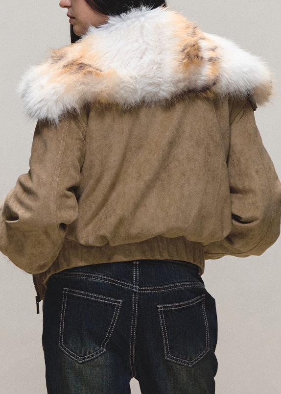 Loose Khaki Peter Pan Collar Pockets Faux Suede Parka Lantern Sleeve