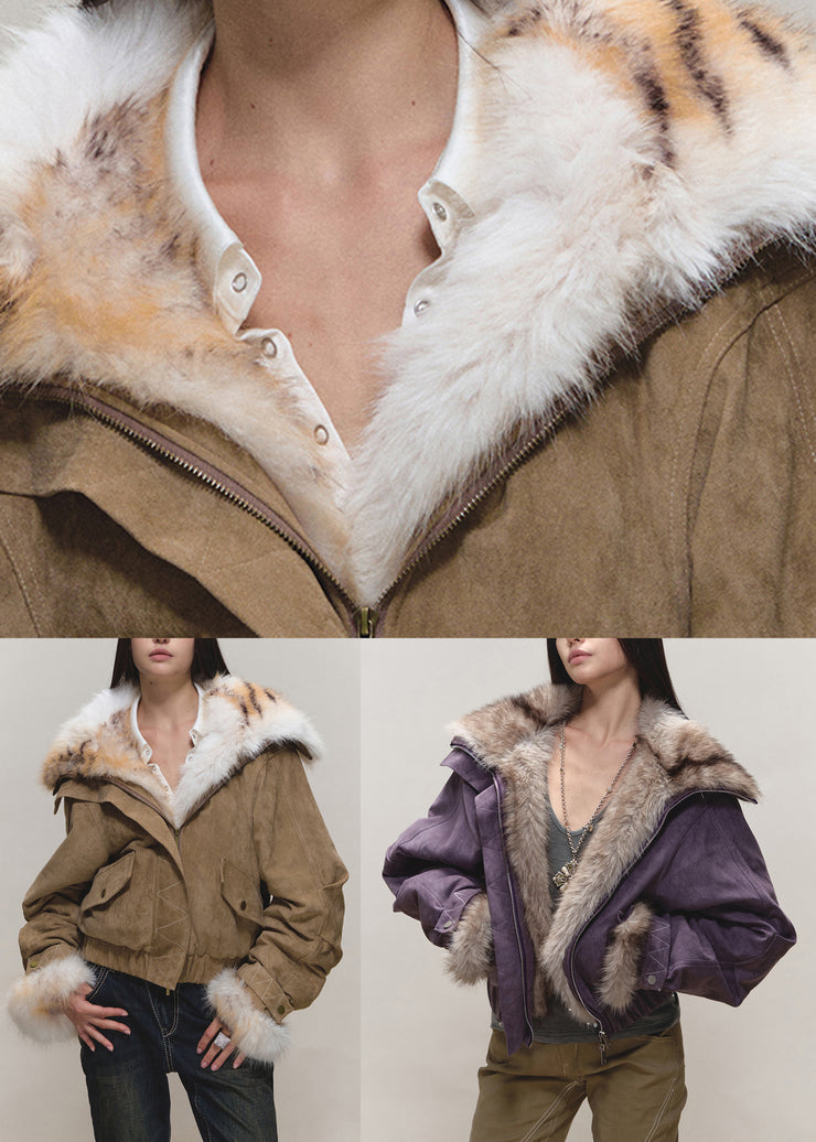 Loose Khaki Peter Pan Collar Pockets Faux Suede Parka Lantern Sleeve