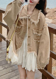 Loose Khaki Peter Pan Collar Raw Edge Pockets Denim Coats Fall