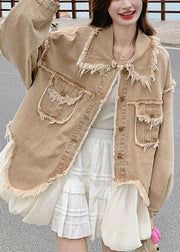 Loose Khaki Peter Pan Collar Raw Edge Pockets Denim Coats Fall