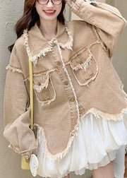 Loose Khaki Peter Pan Collar Raw Edge Pockets Denim Coats Fall