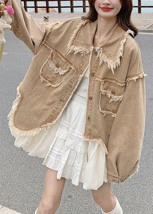 Loose Khaki Peter Pan Collar Raw Edge Pockets Denim Coats Fall
