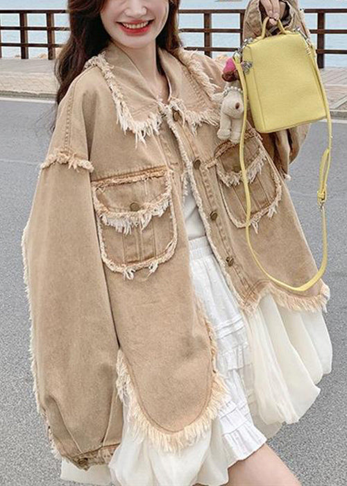 Loose Khaki Peter Pan Collar Raw Edge Pockets Denim Coats Fall