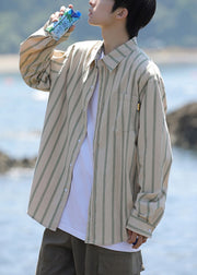 Loose Khaki Peter Pan Collar Striped Pockets Cotton Men Shirts Spring