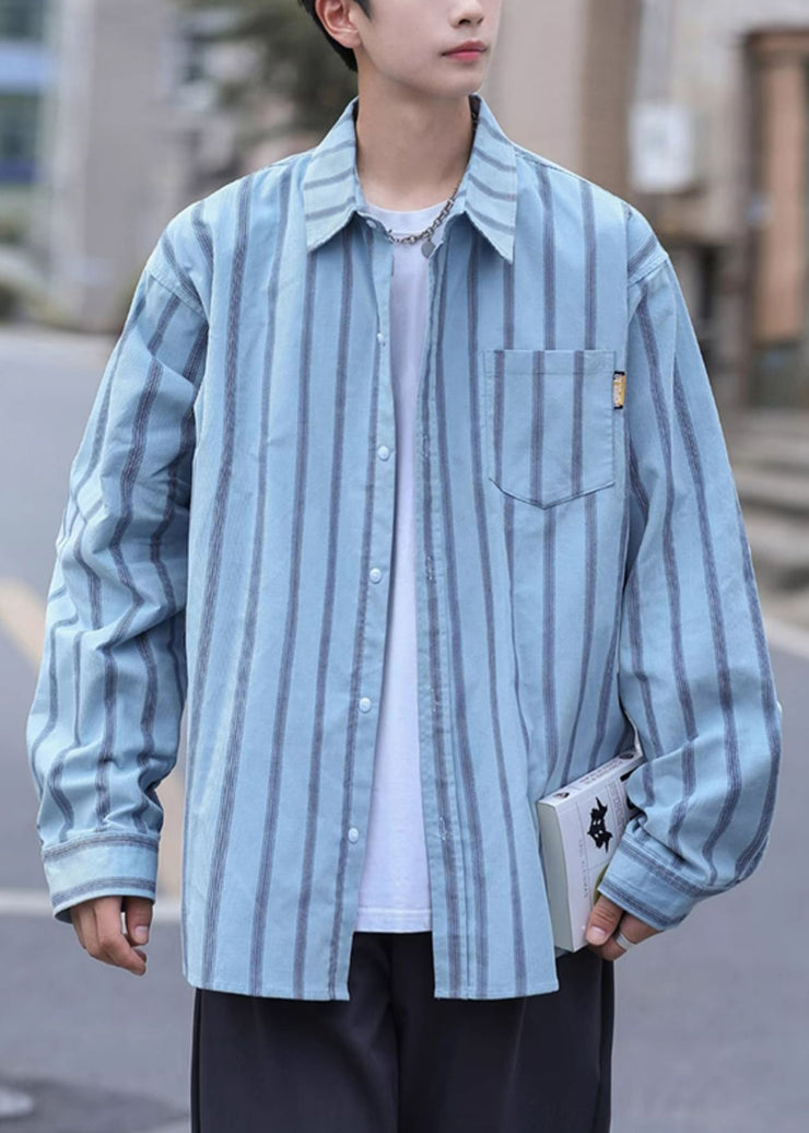 Loose Khaki Peter Pan Collar Striped Pockets Cotton Men Shirts Spring
