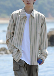 Loose Khaki Peter Pan Collar Striped Pockets Cotton Men Shirts Spring