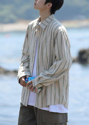 Loose Khaki Peter Pan Collar Striped Pockets Cotton Men Shirts Spring