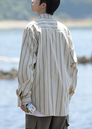 Loose Khaki Peter Pan Collar Striped Pockets Cotton Men Shirts Spring