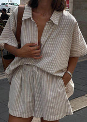Loose Khaki Peter Pan Collar Striped Shirts And Shorts Two Pieces Set Short Sleeve