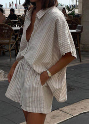 Loose Khaki Peter Pan Collar Striped Shirts And Shorts Two Pieces Set Short Sleeve