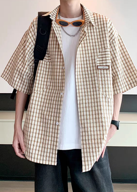 Loose Khaki Plaid Button Cotton Mens Shirt Half Sleeve