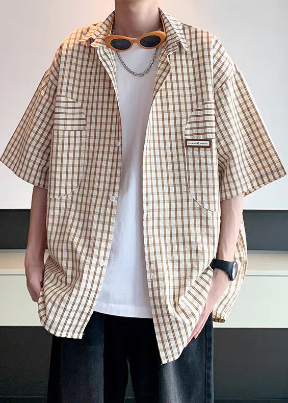 Loose Khaki Plaid Button Cotton Mens Shirt Half Sleeve