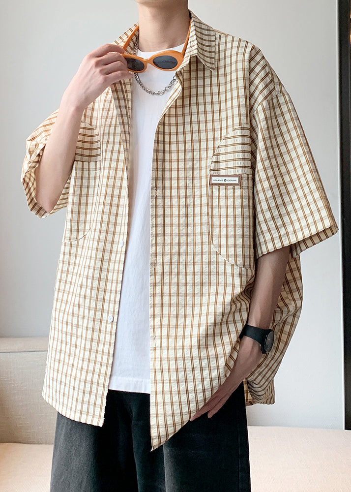 Loose Khaki Plaid Button Cotton Mens Shirt Half Sleeve