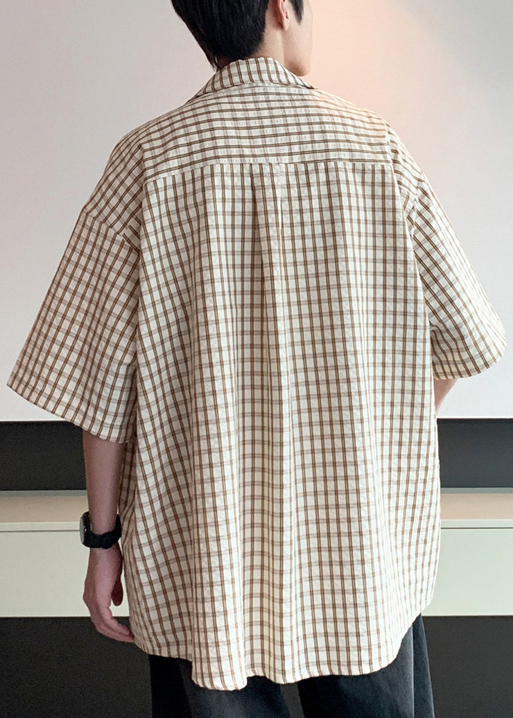 Loose Khaki Plaid Button Cotton Mens Shirt Half Sleeve