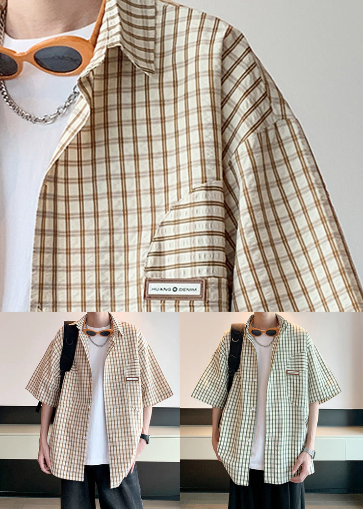 Loose Khaki Plaid Button Cotton Mens Shirt Half Sleeve