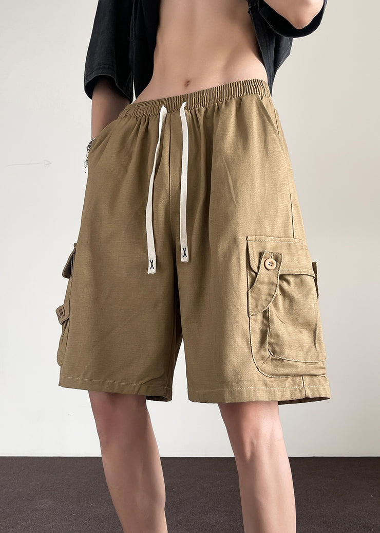 Loose Khaki Pockets Button Drawstring Cotton Men Shorts Summer