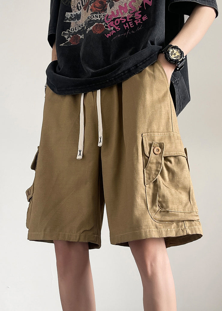 Loose Khaki Pockets Button Drawstring Cotton Men Shorts Summer