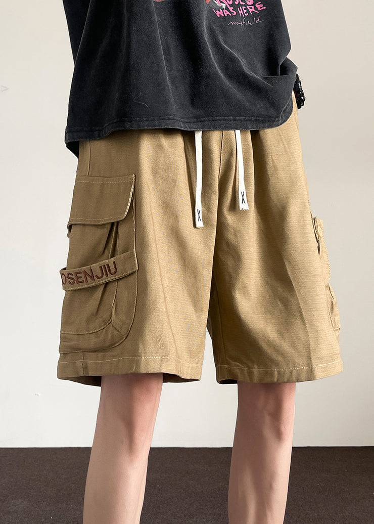 Loose Khaki Pockets Button Drawstring Cotton Men Shorts Summer